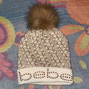 Bebe Cream and Tan Knit Beanie with Pom Pom